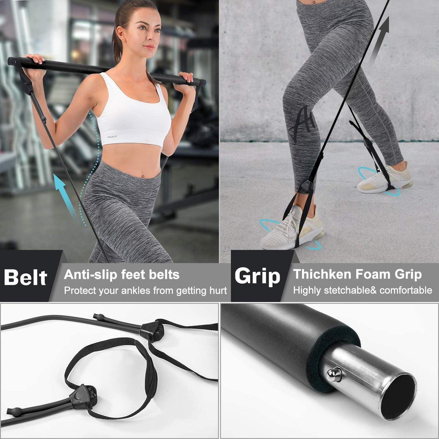 Pilates Bar,  Portable Pilates Bar Kit with Adjustable Resistance Band for Different Height, Home Gym Exercise Stick Yoga Bar with Foot Loop for Hipsline, Stretching, Muscle Toning